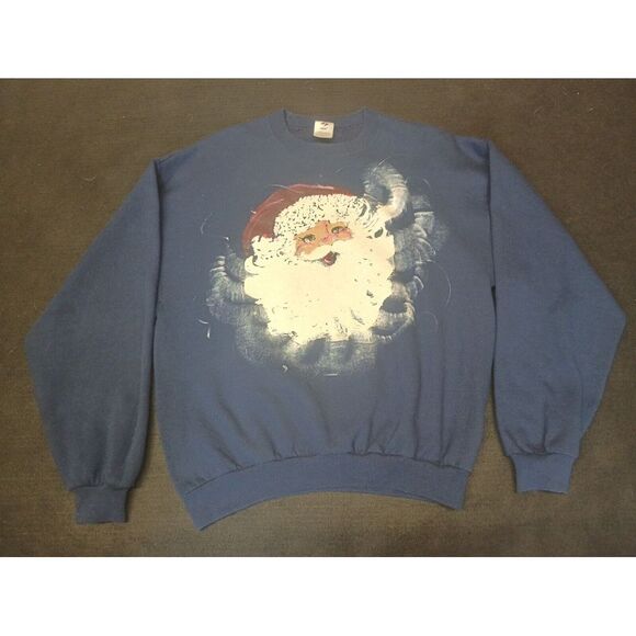 Customized Sweatshirt Sz L Blue Cotton Hand Painted Santa‎ Crew Neck - Picture 1 of 10